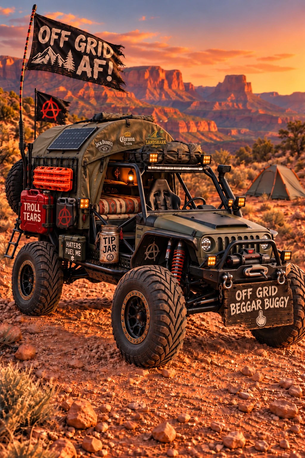 The Off Grid Beggar Buggy at sunset in red-rock desert: Off Grid AF and anarchy flags, a Troll Tears jerry can, a Haters Fuel Me ammo box, a Tip Jar, and an Off Grid Beggar Buggy sign hanging off the winch.